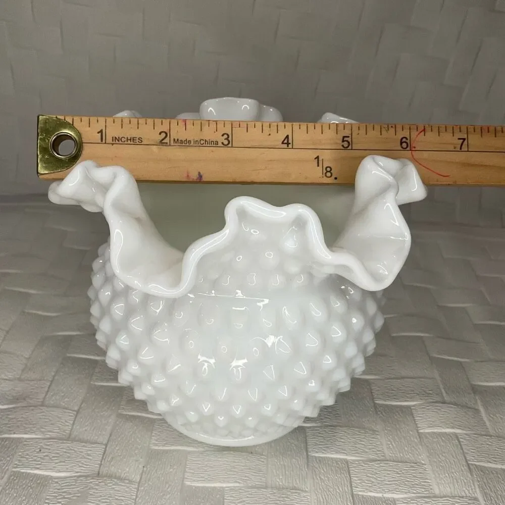 Vintage Milk Glass‎ Cupped Vase Double Crimped Fenton Art Glass Hobnail Shape *